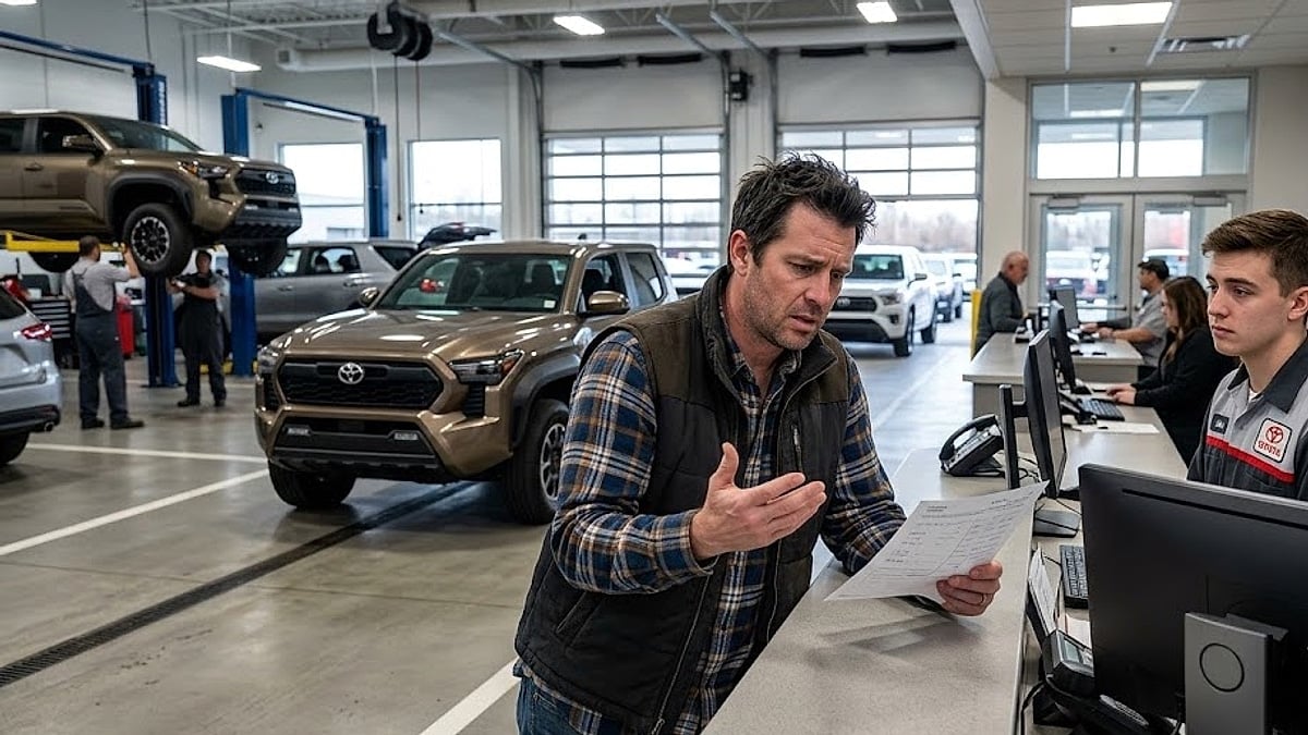 A frustrated Toyota Tacoma owner, facing an extended repair backlog, holds a service document while interacting with a concerned service advisor in a modern dealer service drive