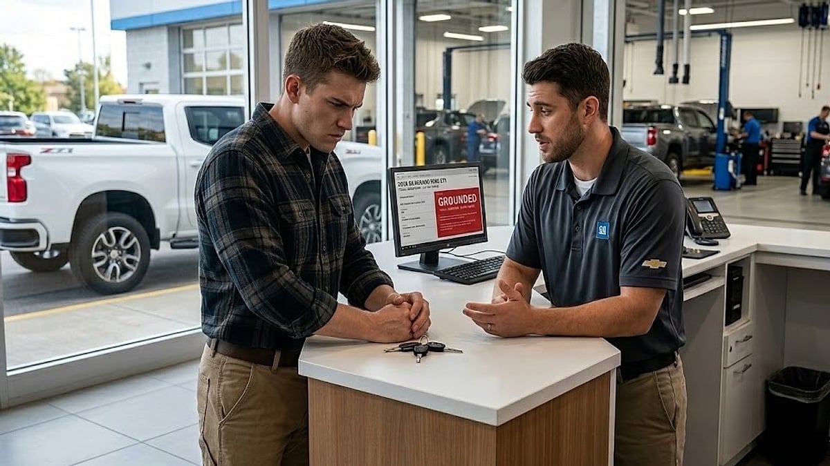 A frustrated young Chevrolet Silverado owner listens to a GM service advisor explaining an indefinite vehicle grounding at a dealership