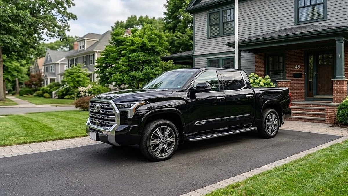 A gleaming 2024 Black Toyota Tundra Capstone is parked in a traditional suburban driveway outside a classic New England home