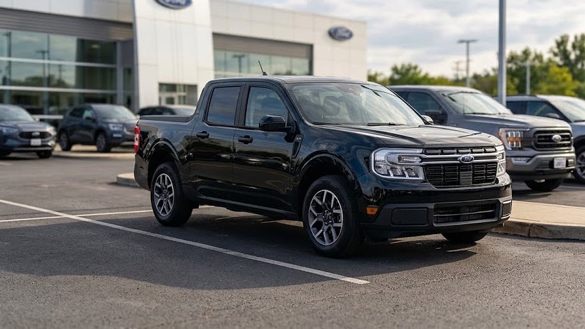 A glossy black Ford Maverick truck parked on an asphalt lot at a dealership with various other vehicles