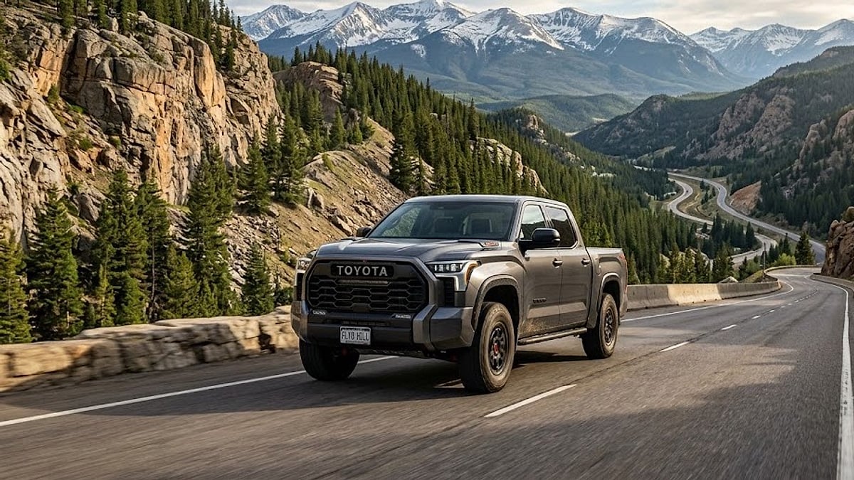 A gray 2026 Toyota Tundra TRD Pro climbs Floyd Hill on I-70 in the snow-capped Colorado Rocky Mountains