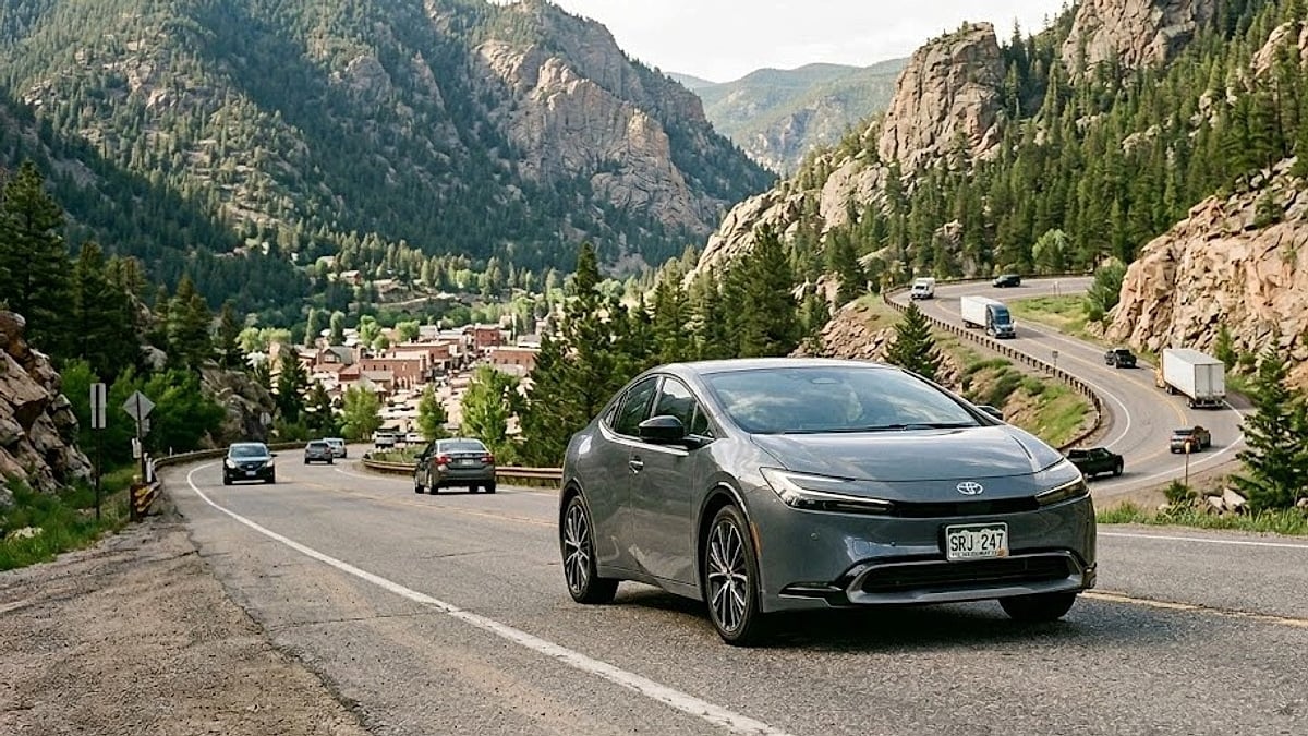 A gray fifth-generation Toyota Prius with Colorado license plate SRJ-247 climbs the steep highway curves near Georgetown hill