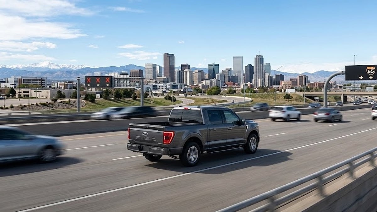 A gray Ford F-150 travels at highway speed along an urban Denver interstate with the city skyline in the background
