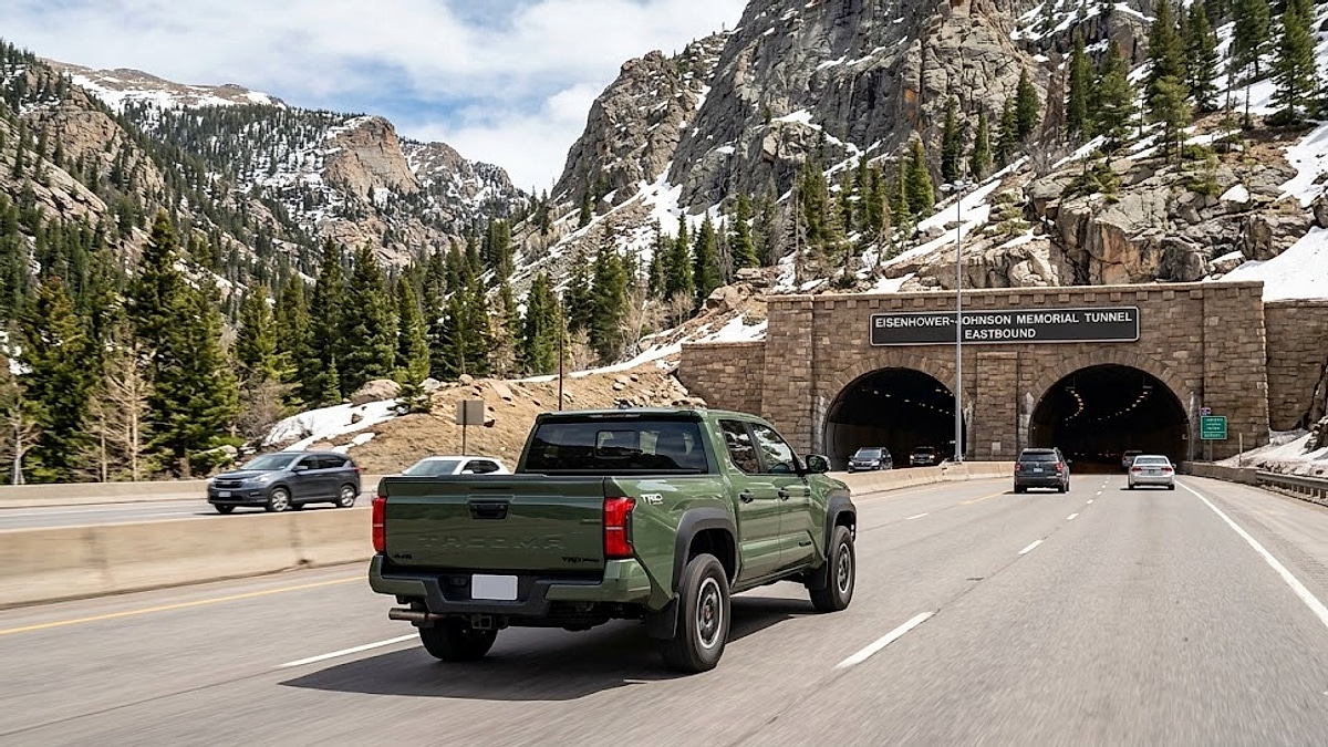 A green Toyota Tacoma truck drives on Colorado's I-70 highway approaching the Eisenhower Tunnel, surrounded by rugged Rocky Mountains