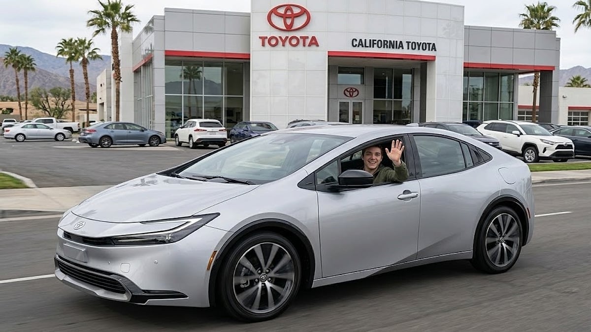 A happy owner in a 2026 Prius waves, driving away from the California Toyota dealership
