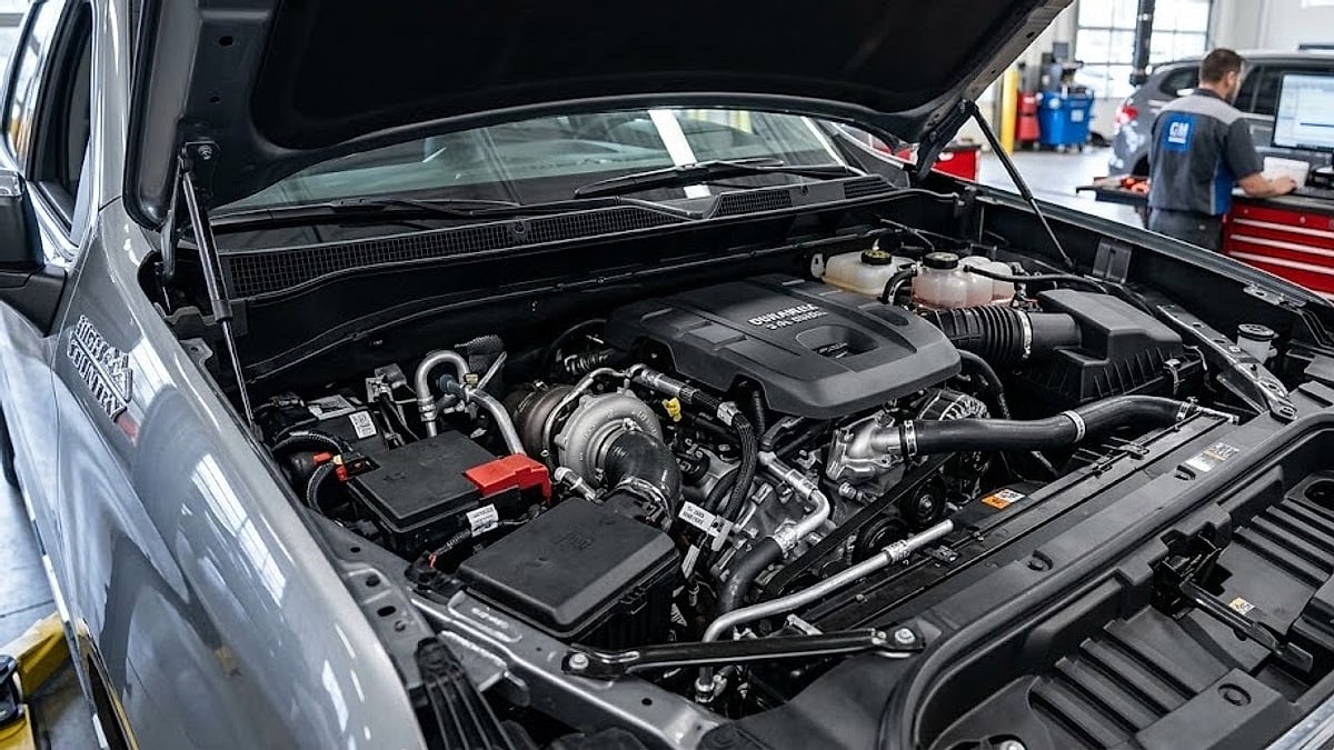 A high-resolution, detailed look at the 3.0L Duramax diesel engine within the bay of a 2026 Chevrolet Silverado truck