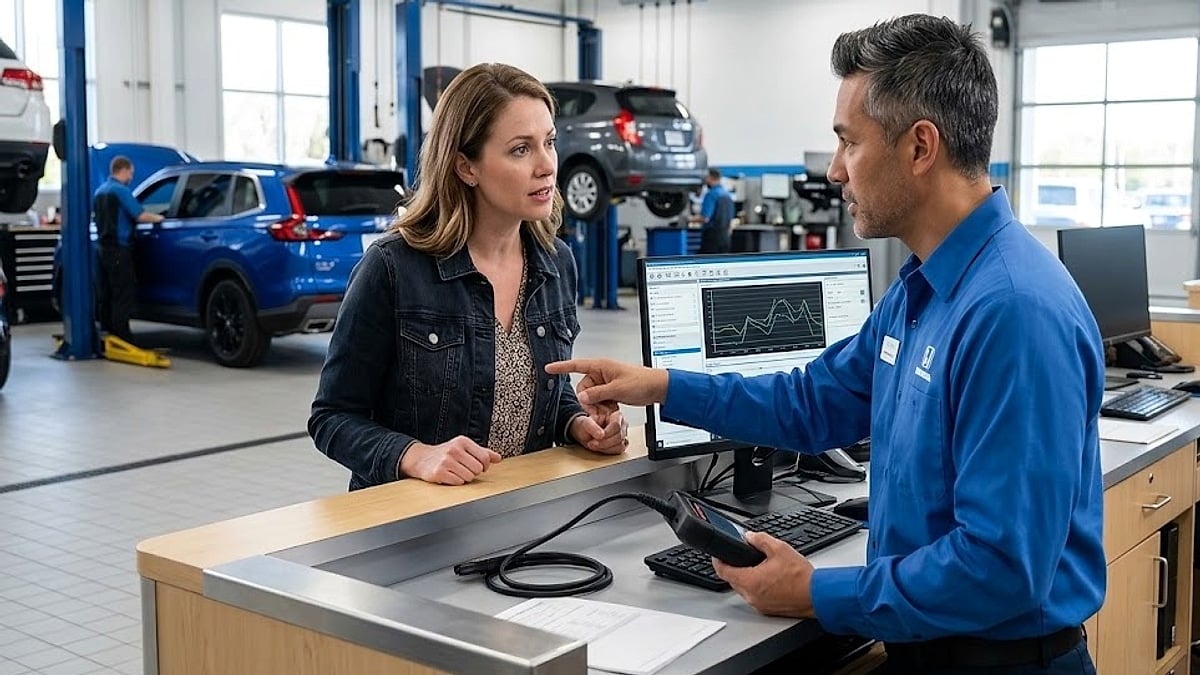 A Honda service advisor uses a handheld diagnostic scanner to discuss complex electrical fault codes with an anxious crossover owner