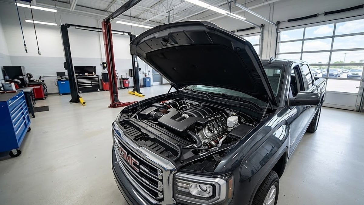 A wide-angle view of a GMC Sierra 6.2L engine under the hood inside a clean dealer service bay