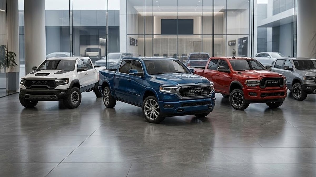 A lineup of new 2027 Ram trucks showcases diverse models, colors, and engineering on a modern dealership showroom floor