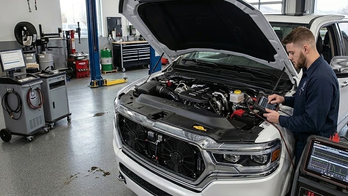 A look at the 2026 Ram 1500 Hurricane engine inside a local Colorado dealer's service bay