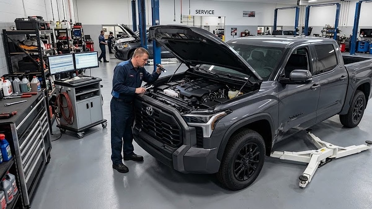 A male technician inspects the i-Force Max hybrid engine of a gray 2026 Toyota Tundra TRD Pro inside a dealership service bay