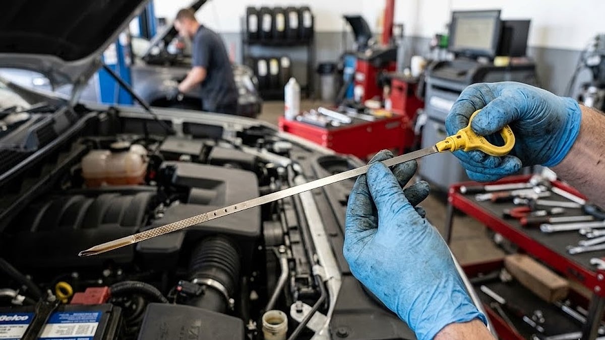 A mechanic holding a clean Chevy Silverado engine oil dipstick showing critically low fluid levels during a routine vehicle inspection