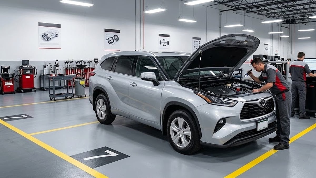 A mechanic uses a computer to diagnose a silver Toyota Highlander SUV with its hood up in a service bay