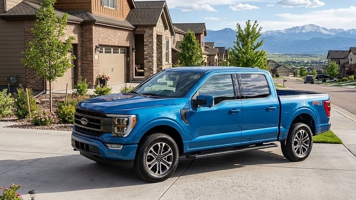 A new 2026 Ford F-150 FX4 sits parked in a suburban Colorado driveway with the Rocky Mountains in the background