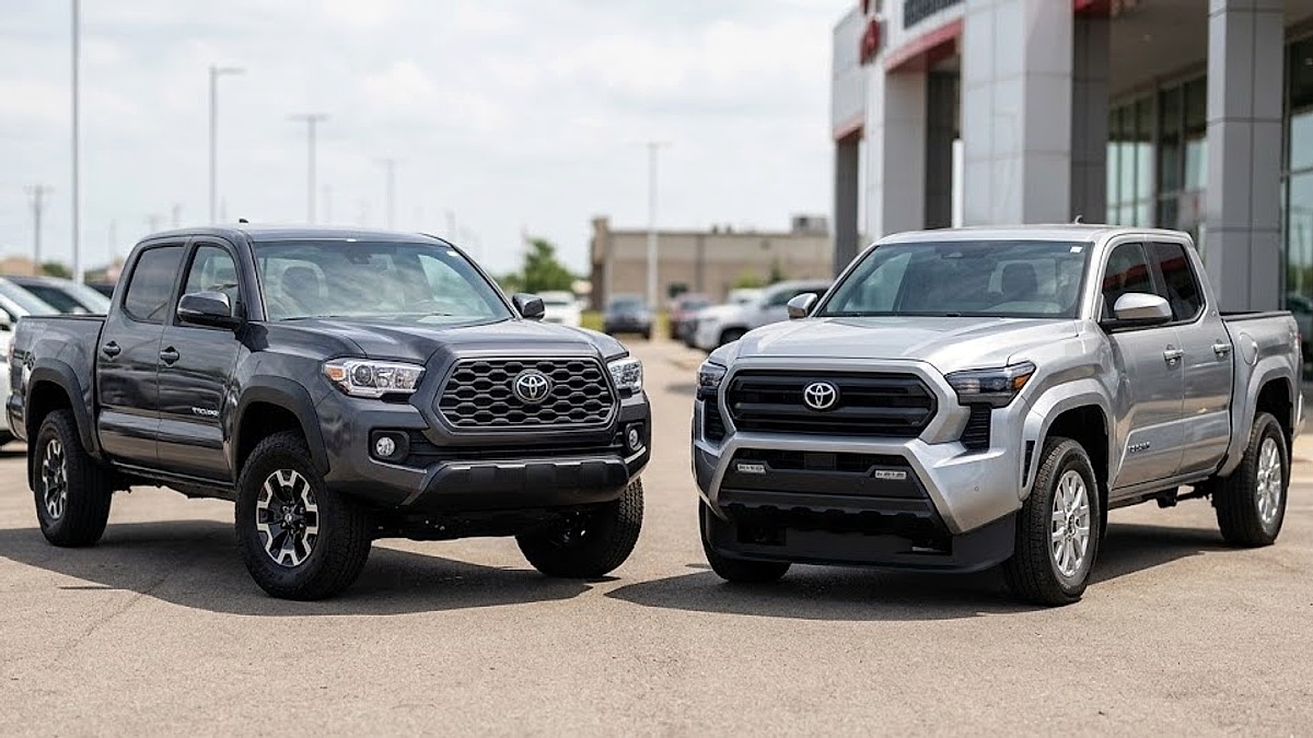 A powerful comparison of two generations on a dealership lot - a dark grey 2023 Toyota Tacoma and a silver 2026 Toyota Tacoma SR5, showcasing the model evolution side-by-side