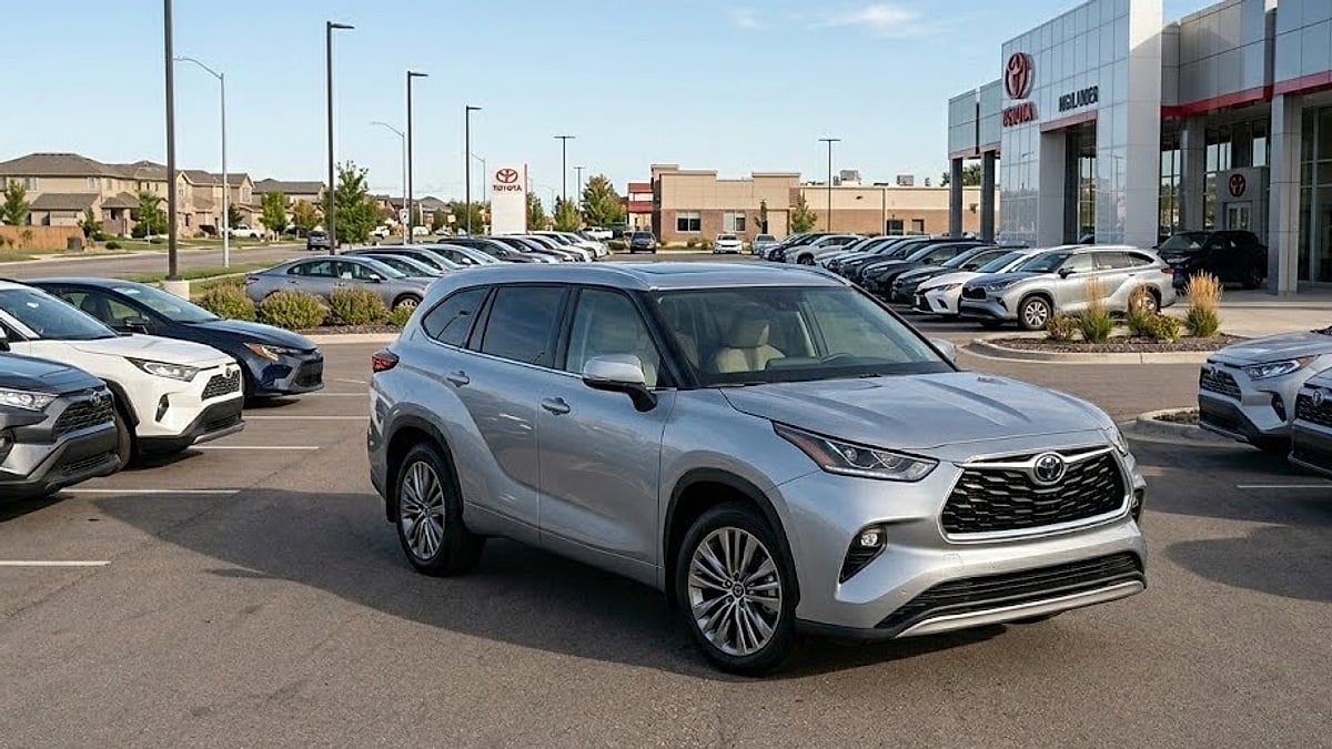 A pre-owned 2021 Toyota Highlander sits displayed on a dealership lot, ready for inspection prior to a technical road evaluation