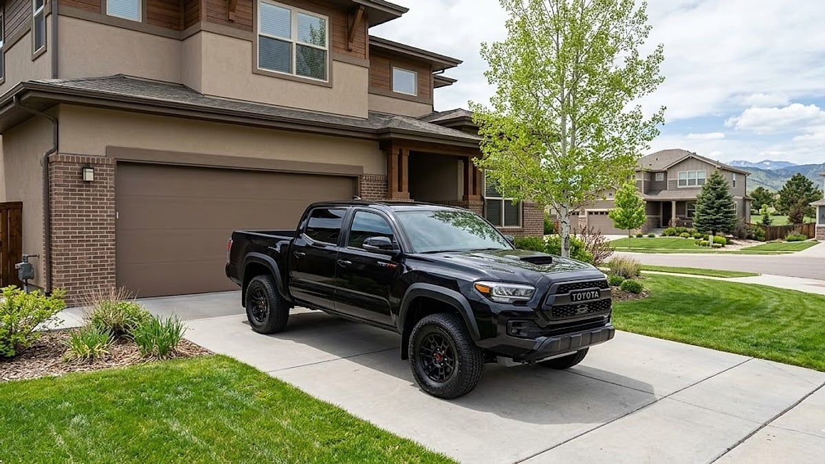 A pristine 2023 Toyota Tacoma V6 parked in a residential Colorado driveway, illustrating retained secondary-market equity and localized truck demand