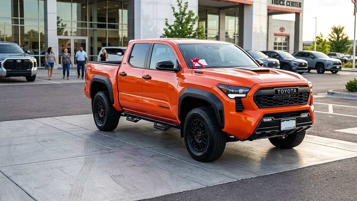 A pristine 2026 Toyota Tacoma TRD Pro sitting on a dealership delivery pad, ready for its first real-world highway miles