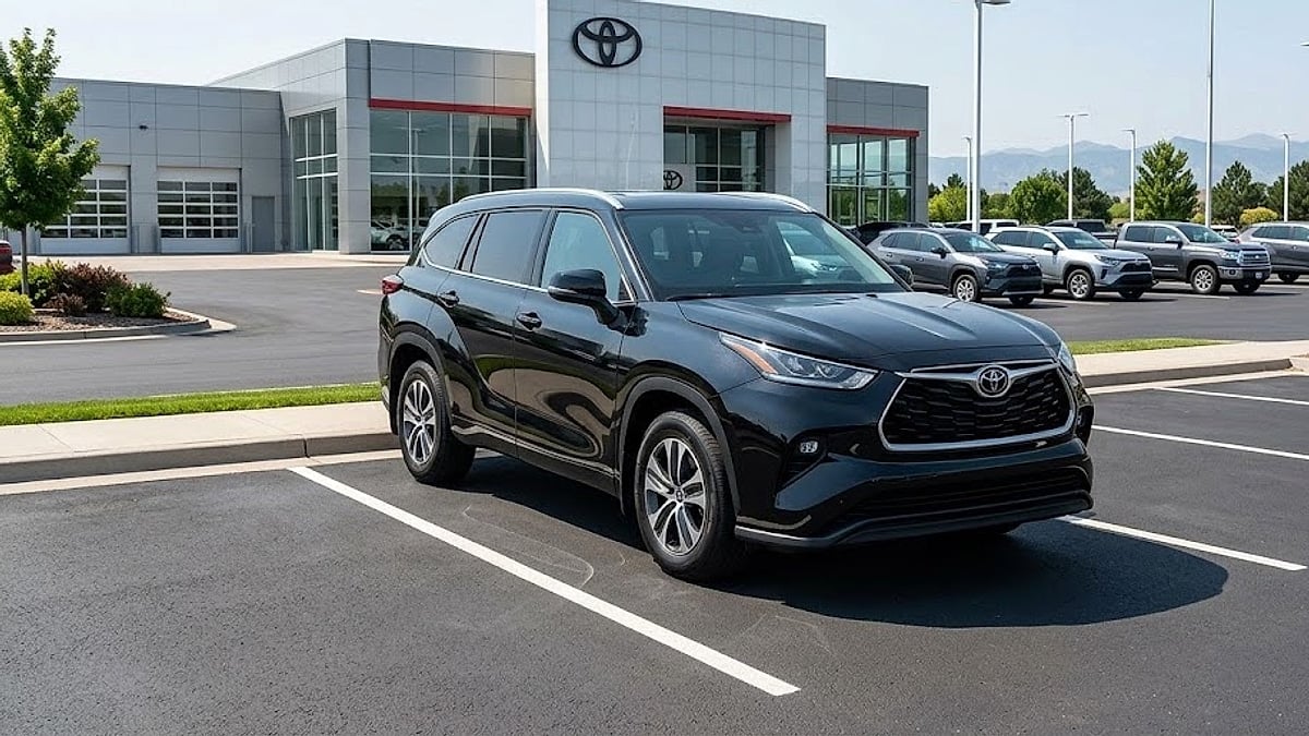 A pristine black 2022 Toyota Highlander sits parked on a modern dealership lot, highlighting its traditional combustion engine styling