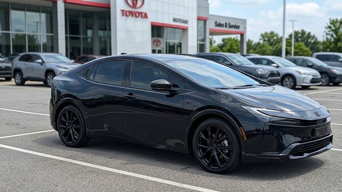 A pristine black 2026 Toyota Prius XLE Nightshade parked on a dealership lot, showcasing its sleek aerodynamic design