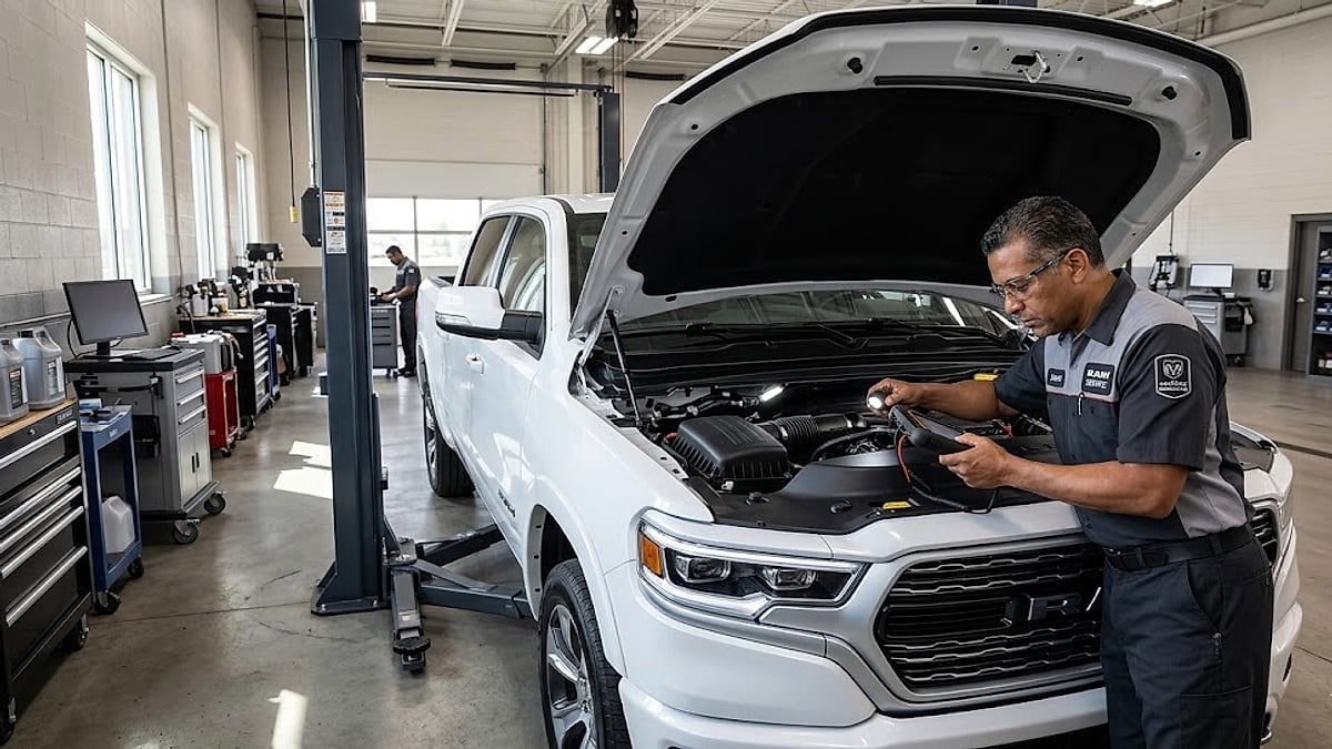 A professional Ram technician uses a diagnostic tool to inspect the 5.7L Hemi eTorque engine in a raised 2025 Ram 1500 truck