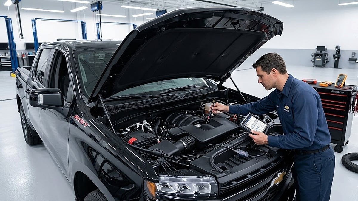 A professional technician uses a diagnostic tablet to investigate a valvetrain failure on a Chevrolet Silverado in a service bay