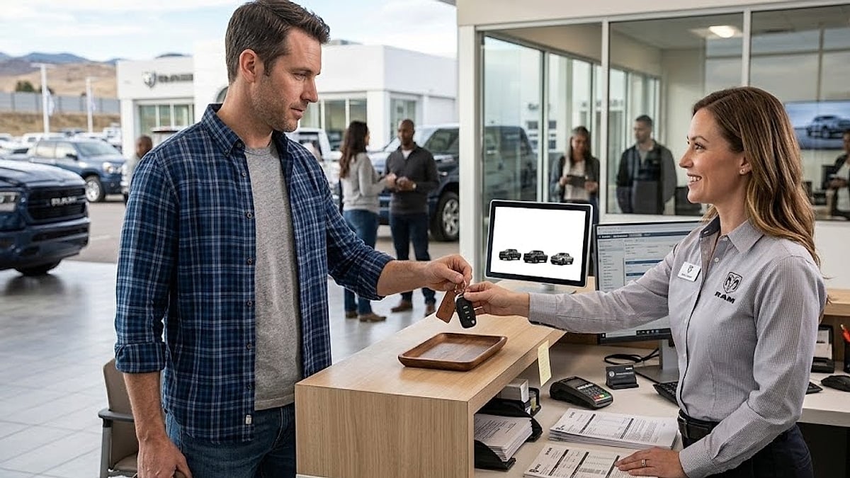 A Ram truck owner hands his key fob to a smiling service advisor at a dealership desk for maintenance