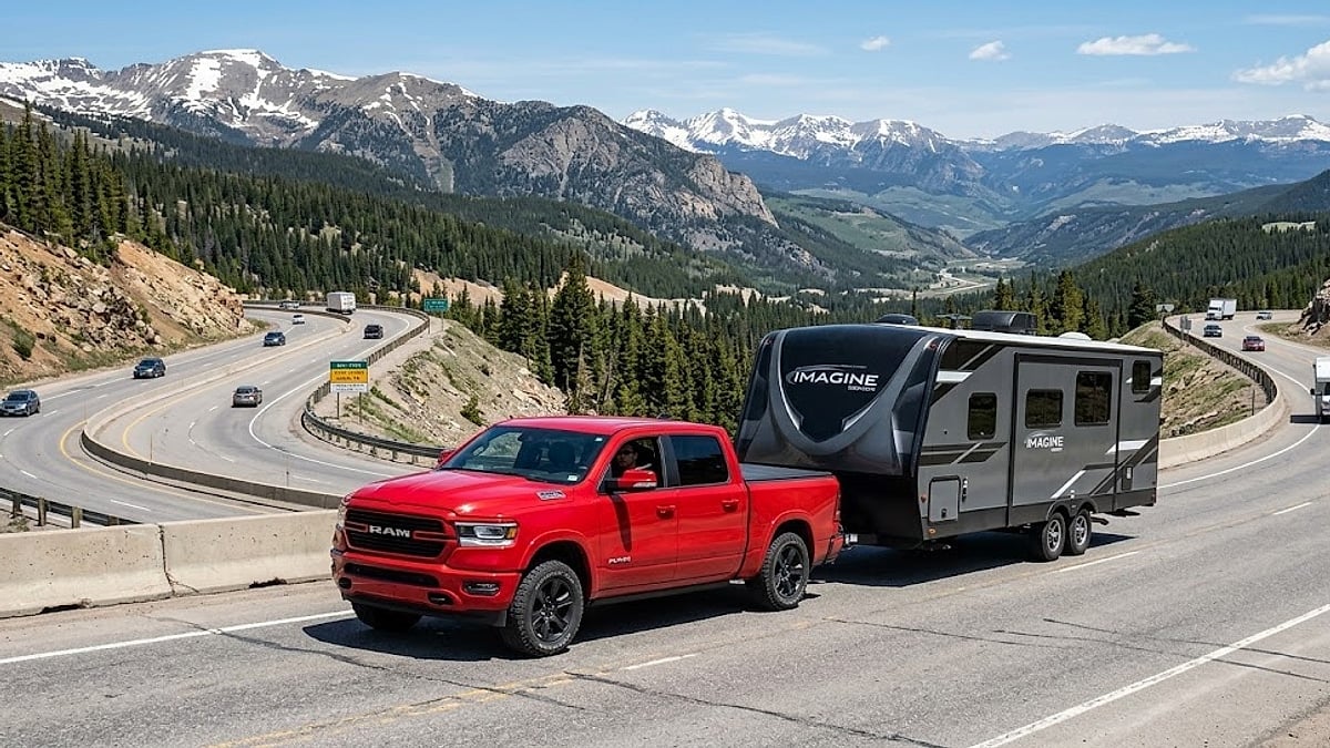 A red Ram pickup truck towing a grey travel trailer through a scenic Rocky Mountain pass with snowy peaks