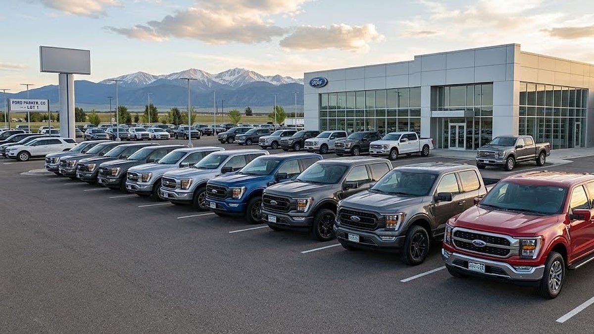 A row of clean 2026 Ford F-150 trucks lines a dealership lot, ready for immediate delivery