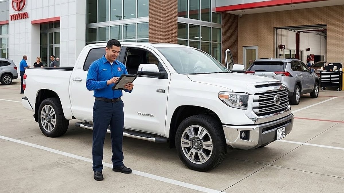 A service advisor stands beside a white 2023 Tundra in a busy Houston dealership service drive checking his tablet