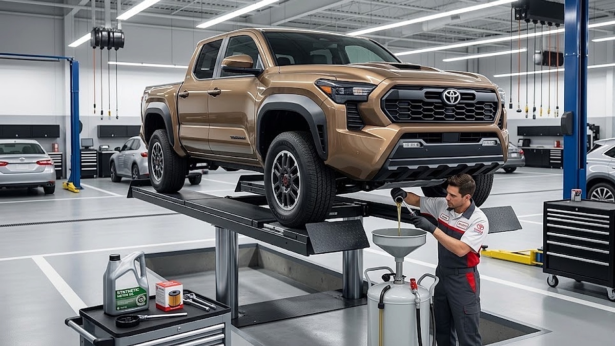 A service technician performs an oil change on a raised 2026 Toyota Tacoma in a modern dealership service bay