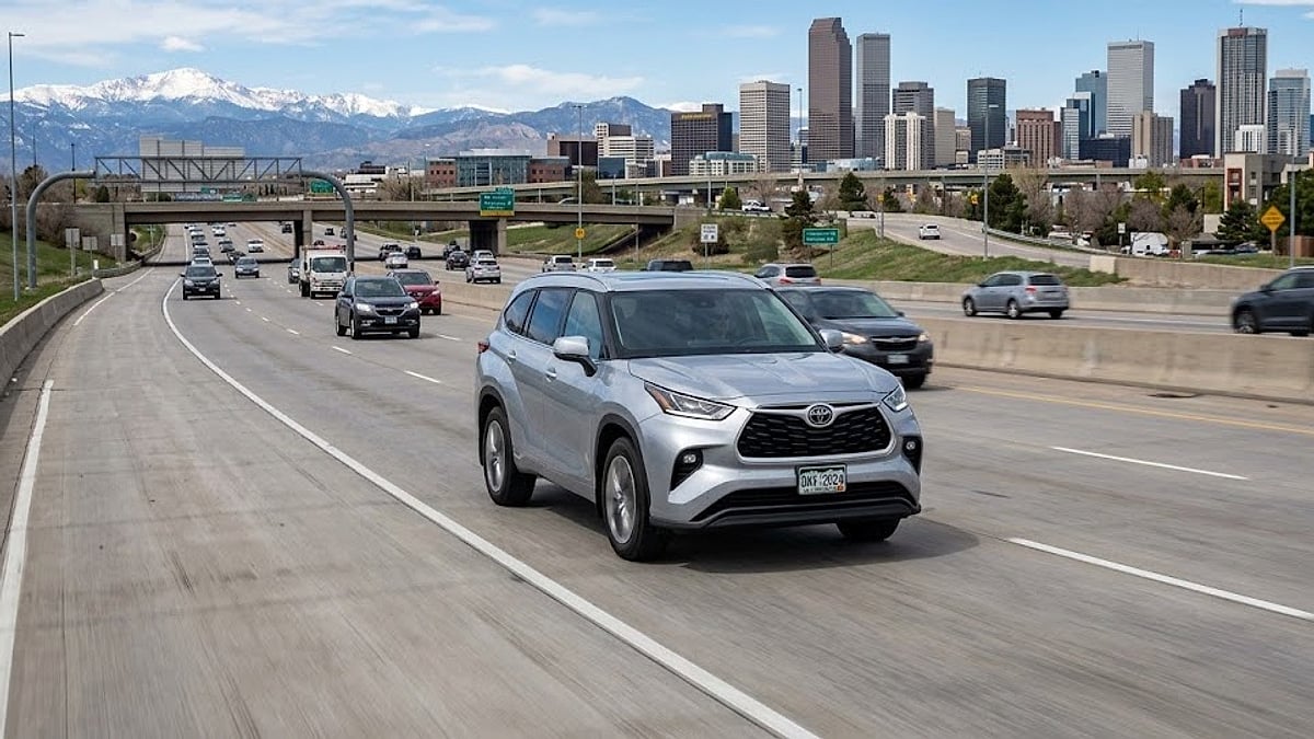 A silver 2024 Toyota Highlander commutes on a busy Denver highway, with the Rocky Mountains and city skyline under a blue sky