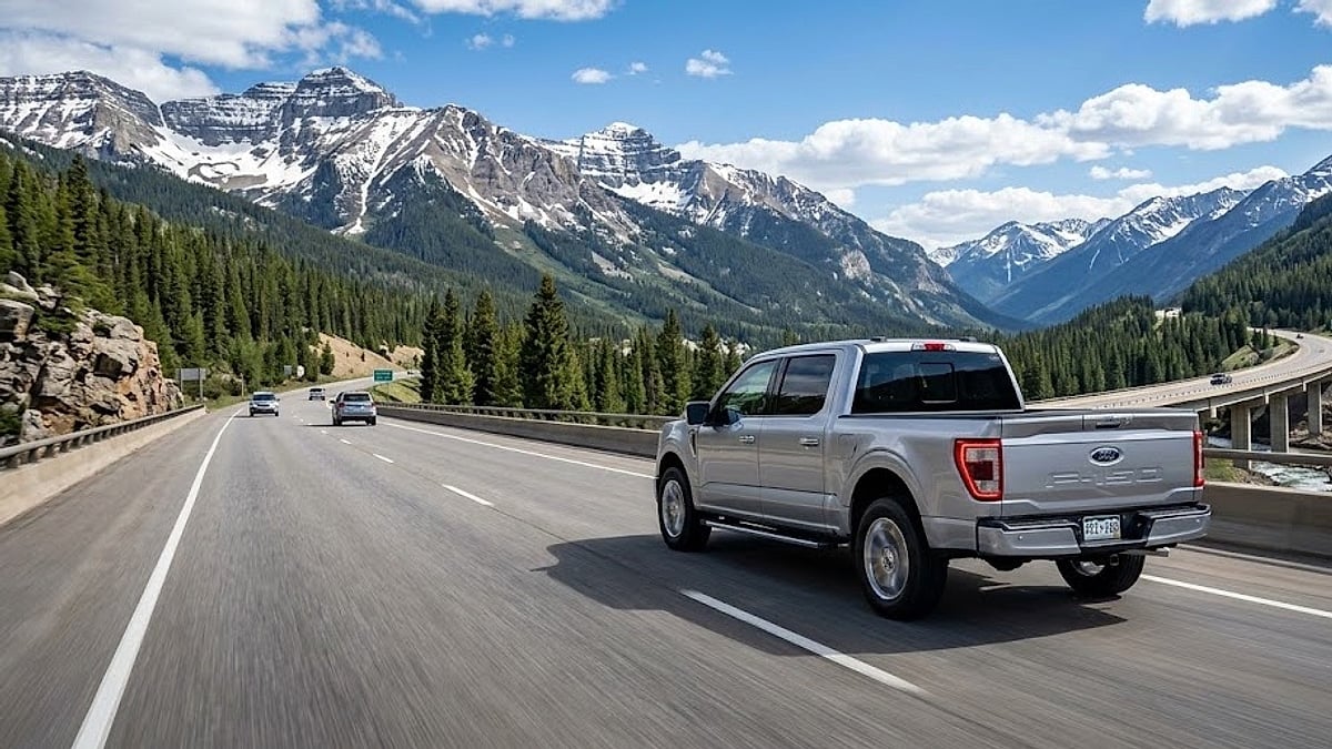 A silver 2026 Ford F-150 navigates a high-altitude mountain highway corridor surrounded by the snow-capped Colorado Rocky Mountains