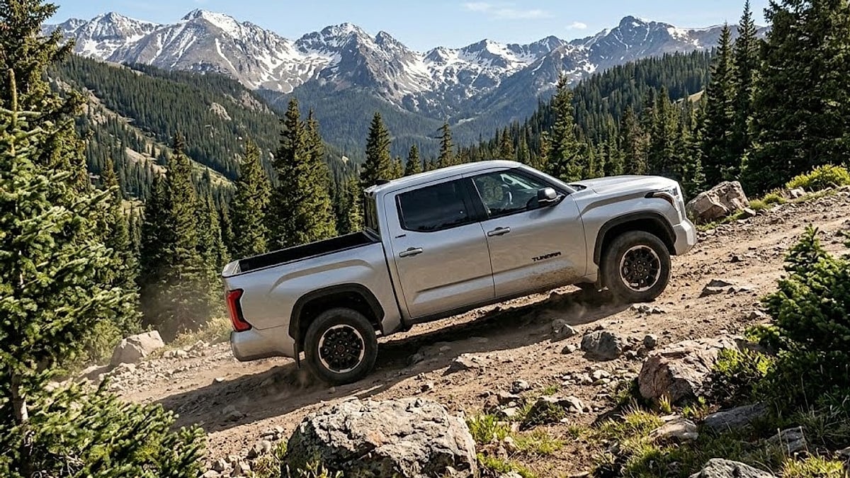A silver 2026 Toyota Tundra navigates rugged Colorado mountain trails with snow-capped peaks under clear blue skies