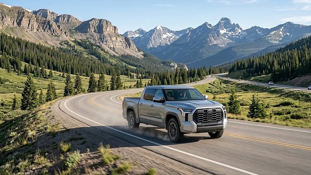 A silver 2026 Toyota Tundra navigates the steep, high-altitude curves of Colorado's scenic and demanding Vail Pass highway