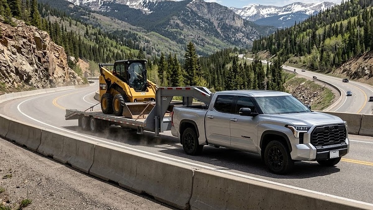 A silver 2026 Toyota Tundra navigates the steep descent of Vail Pass, Colorado, towing a heavy skid steer loader