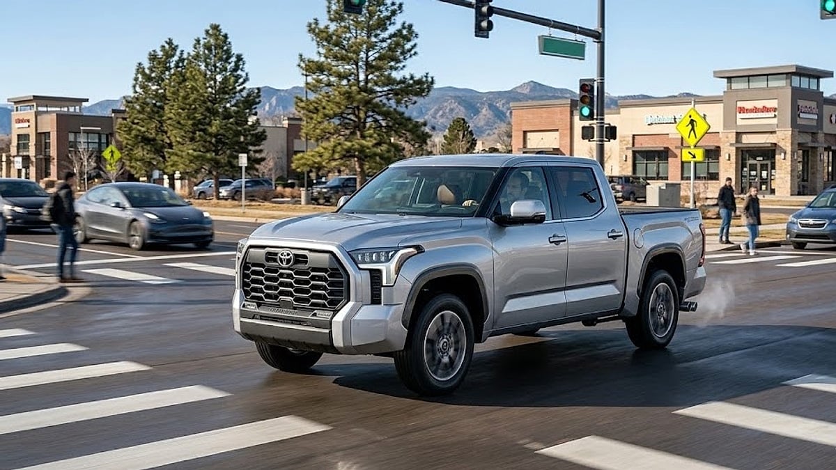 A silver 2026 Toyota Tundra TRD Pro powers through a busy Colorado intersection, showing its capability under clear blue skies