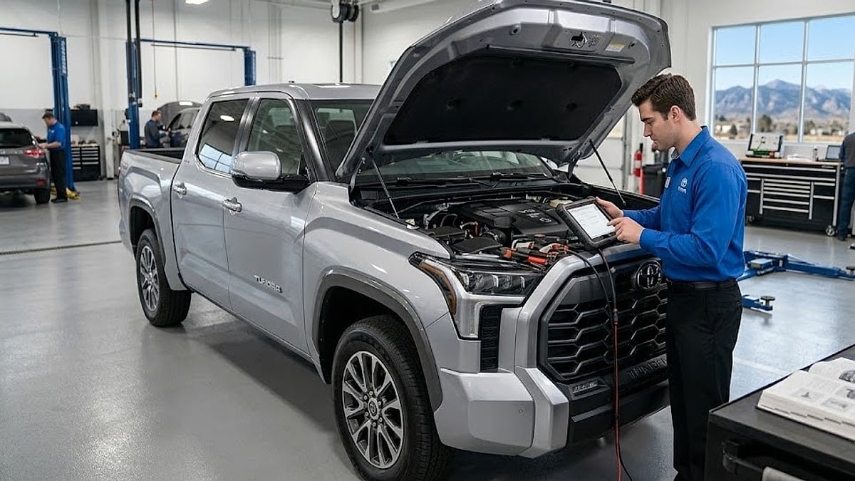 A silver 2026 Toyota Tundra undergoes technical diagnostic analysis inside a clean, modern dealership service bay