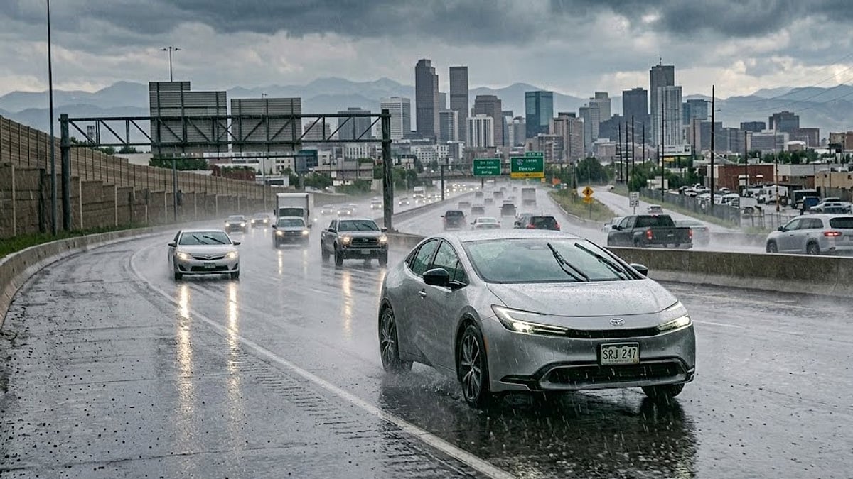 A silver fifth-generation Toyota Prius navigates a heavy summer rainstorm on Interstate 25, with the Denver skyline visible ahead