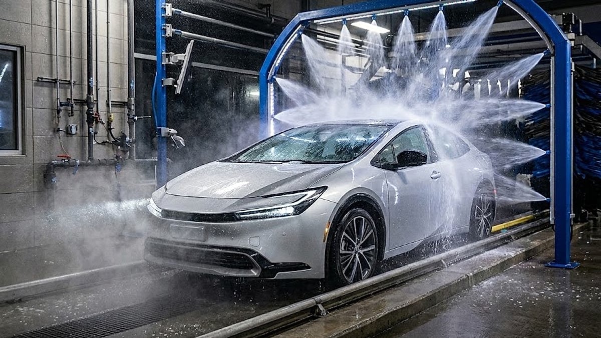 A silver fifth-generation Toyota Prius undergoes an intensive, high-pressure automated car wash, exposing side door seals to critical moisture intrusion