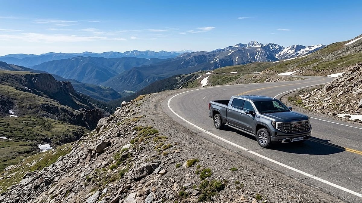 A silver GMC Sierra Denali truck drives along a winding mountain pass road with a vast blue mountain range view