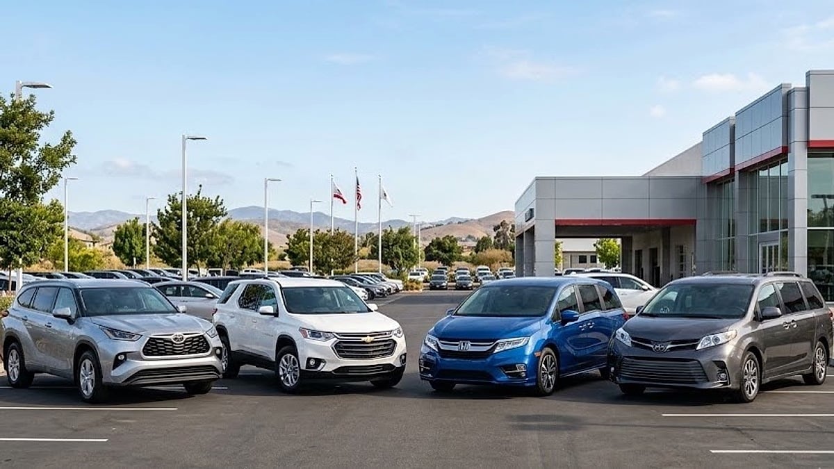 A silver Toyota Highlander, white Chevrolet Traverse, blue Honda Odyssey, and gray Toyota Sienna are parked at a dealership