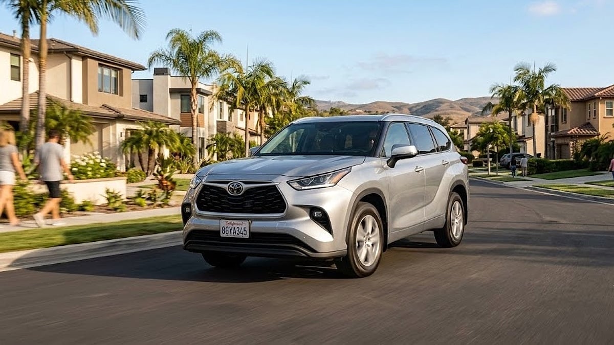 A silver Toyota Highlander drives through a sun-drenched suburban California neighborhood with palm trees and modern homes on a clear day