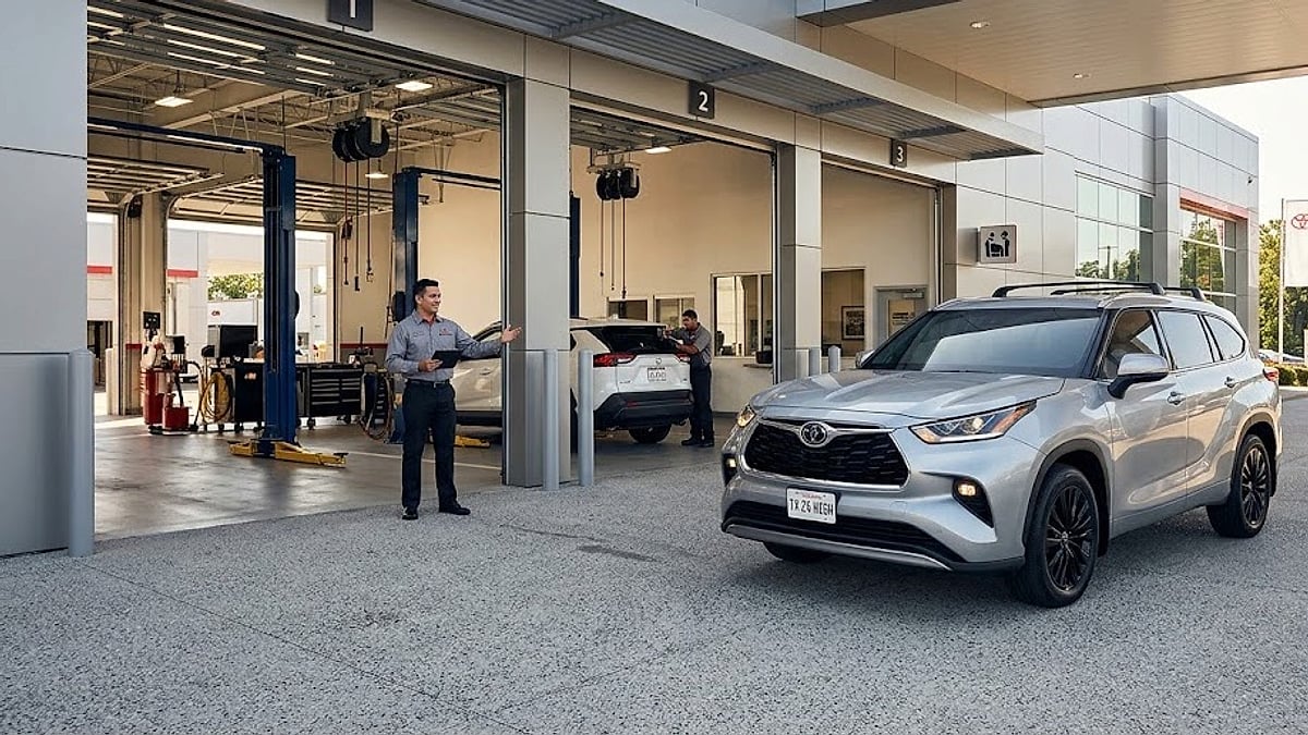 A silver Toyota Highlander pulls into a modern dealership service drive for routine maintenance and an oil change appointment