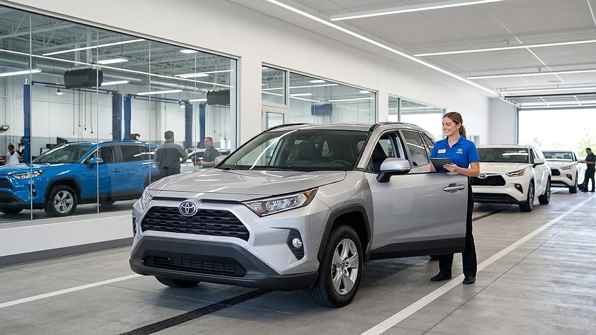 A silver Toyota RAV4 sits parked on a clean dealership service drive as an advisor logs vehicle diagnostic information