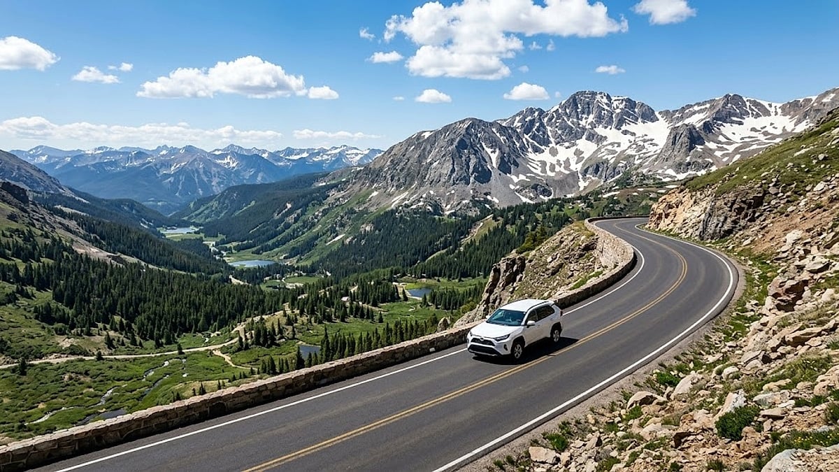 A silver Toyota RAV4 traverses a steep, winding Colorado mountain pass road surrounded by majestic, rugged, snow-capped peaks