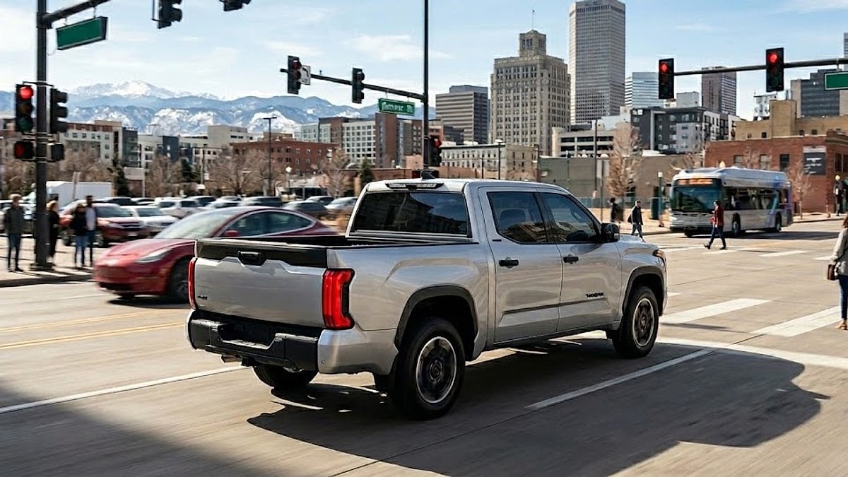 A silver Toyota Tundra powers through a busy downtown Denver intersection, showing its capability under clear blue skies