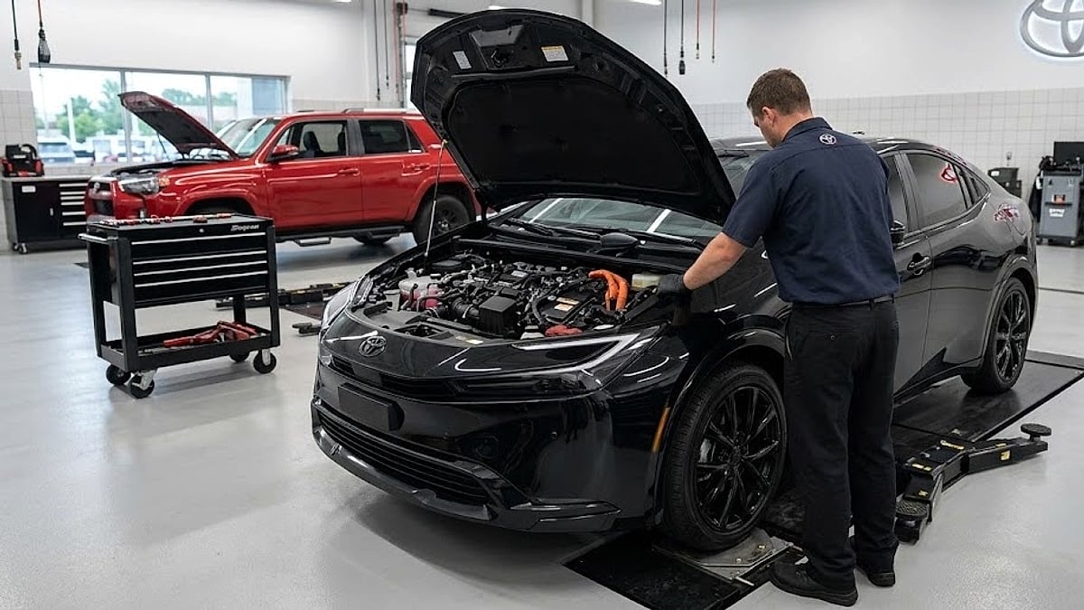 A skilled technician in a clean, modern Toyota service bay performs maintenance on a black 2026 Prius hybrid engine