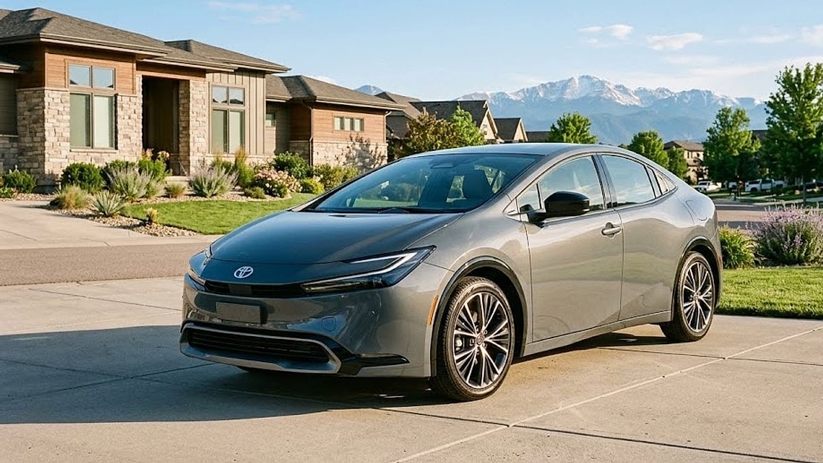 A sleek, gray fifth-generation Toyota Prius sits parked in a sunny suburban Colorado driveway against a backdrop of snow-capped mountains