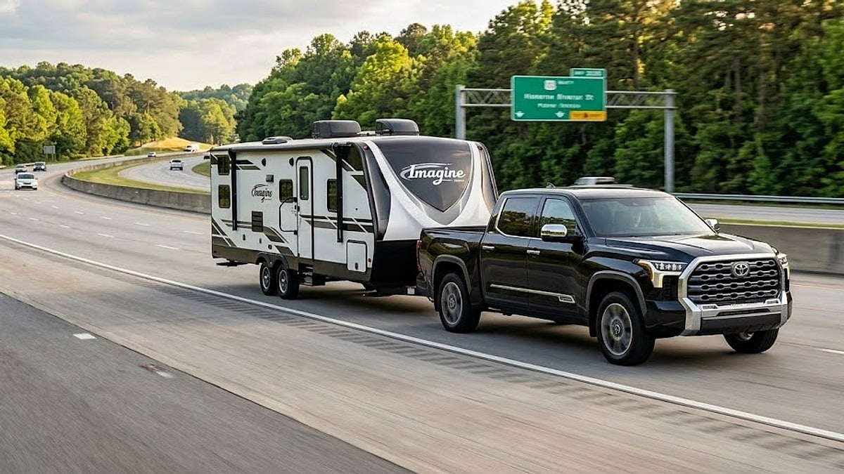 A sleek black 2025 Toyota Tundra safely navigates a Georgia highway while towing a large Grand Design Imagine travel trailer